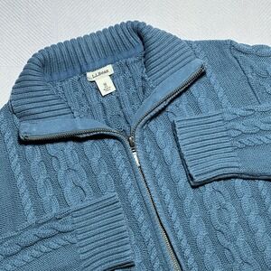 LL Bean Cable Knit Cardigan Sweater Womens Medium Full Zip Blue Cotton Mock Neck